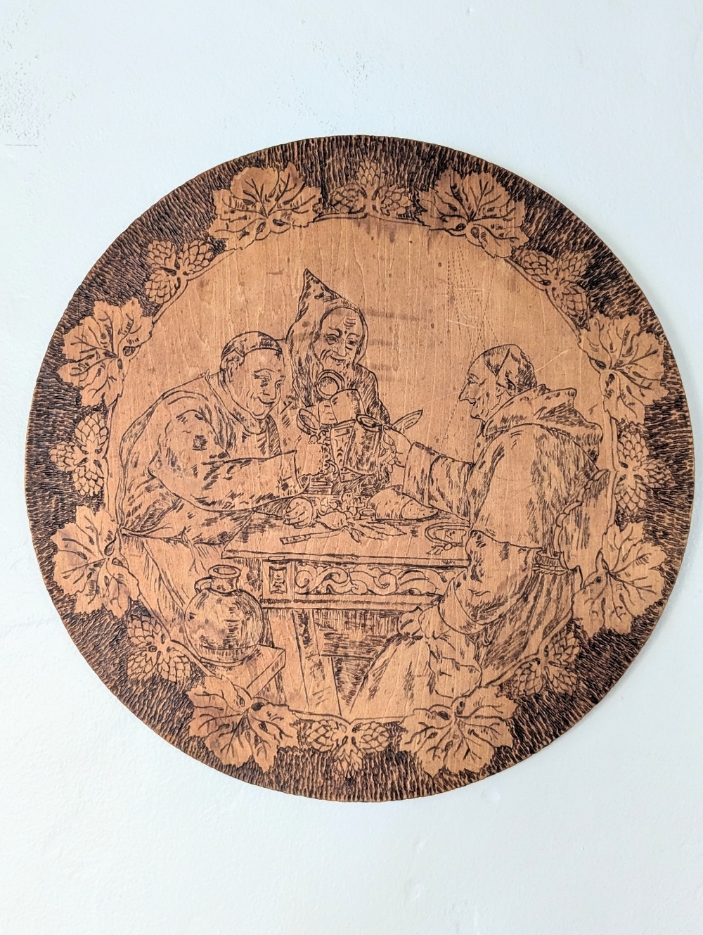 Vintage Flemish Wood Pyrography Wall Plaque - Drinking Monks (18")